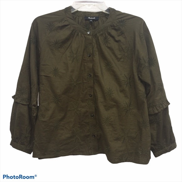 Madewell Olive Embroidered Bubble Sleeve Blouse S - Picture 2 of 10